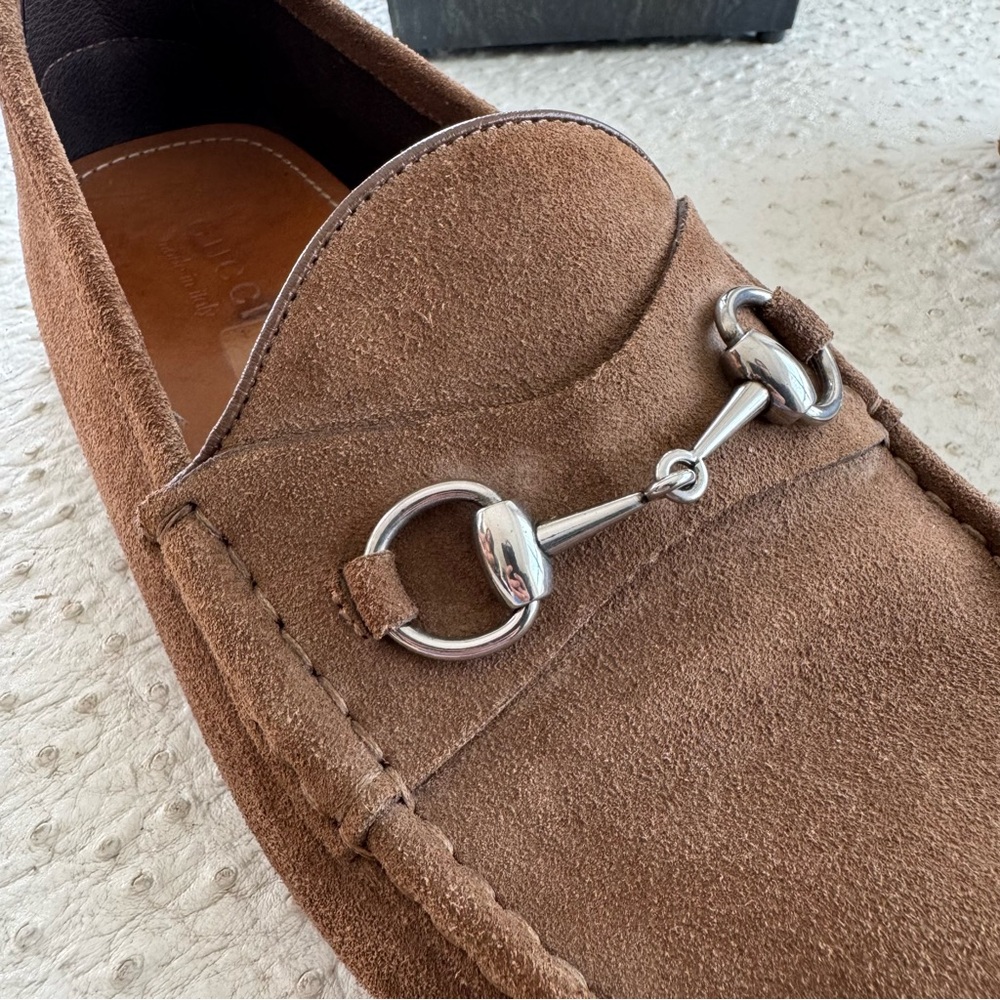 Gucci Brown Suede Loafers with Silver Bit